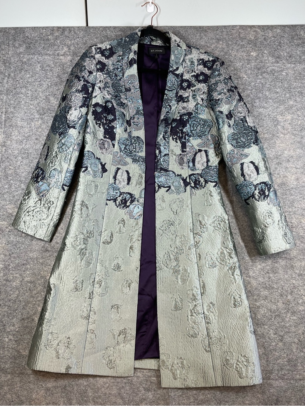 St John Silver Floral Metallic Brocade Long Coat Silk Blend Size 8 Quiet Luxury